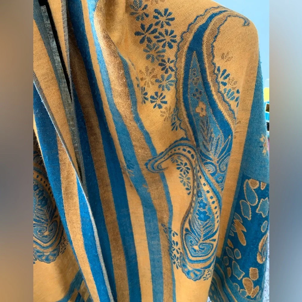 Pashmina Shawl Wrap Scarf Turquoise Gold Paisley Wool Large